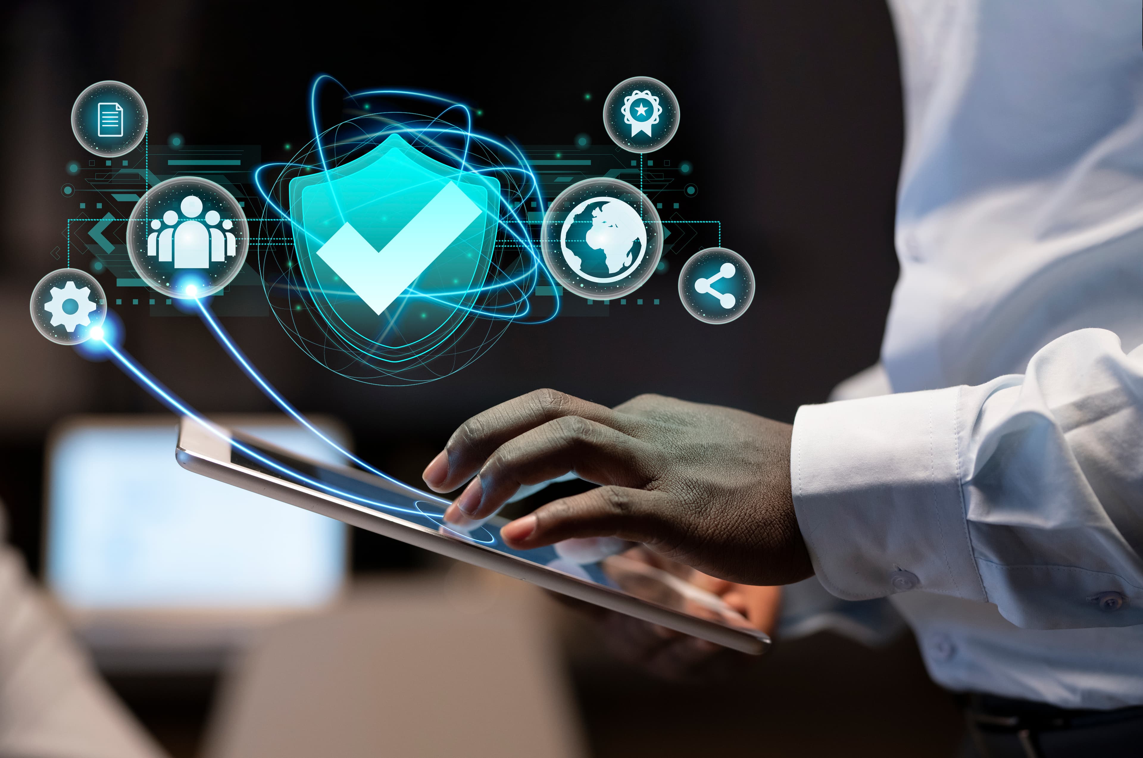 Tablet with security and configuration icons overlay